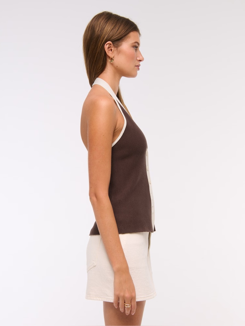 Abercrombie & Fitch Brown Ribbed Knit Sweater Vest Halter Button Down Cream Y2K - Picture 7 of 12